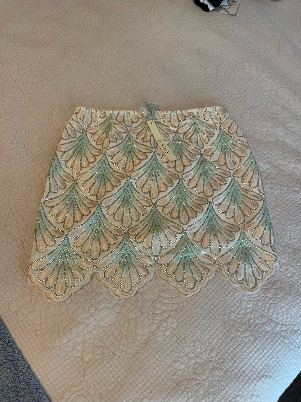 Esley Cream & Aqua Sequin Embroidered Mini Skirt